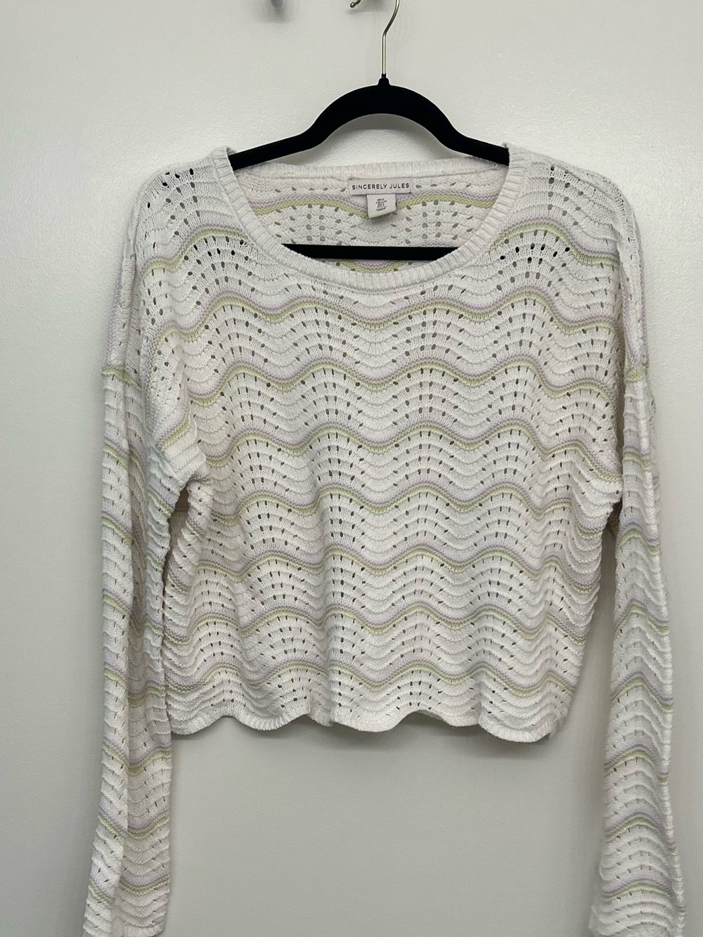 Sincerely Jules White Open-Knit Wave Crewneck Sweater with Pale Green Accents